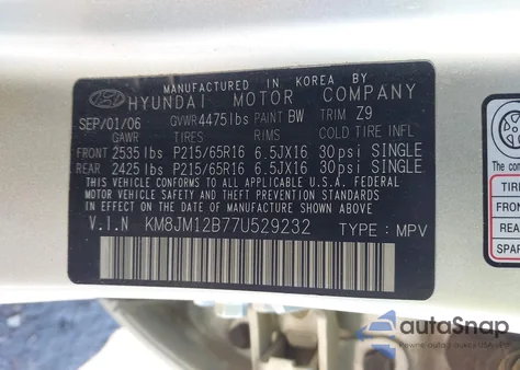 2007 Hyundai Tucson Gls z USA, uszkodzony, nr VIN KM8JM12B77U529232